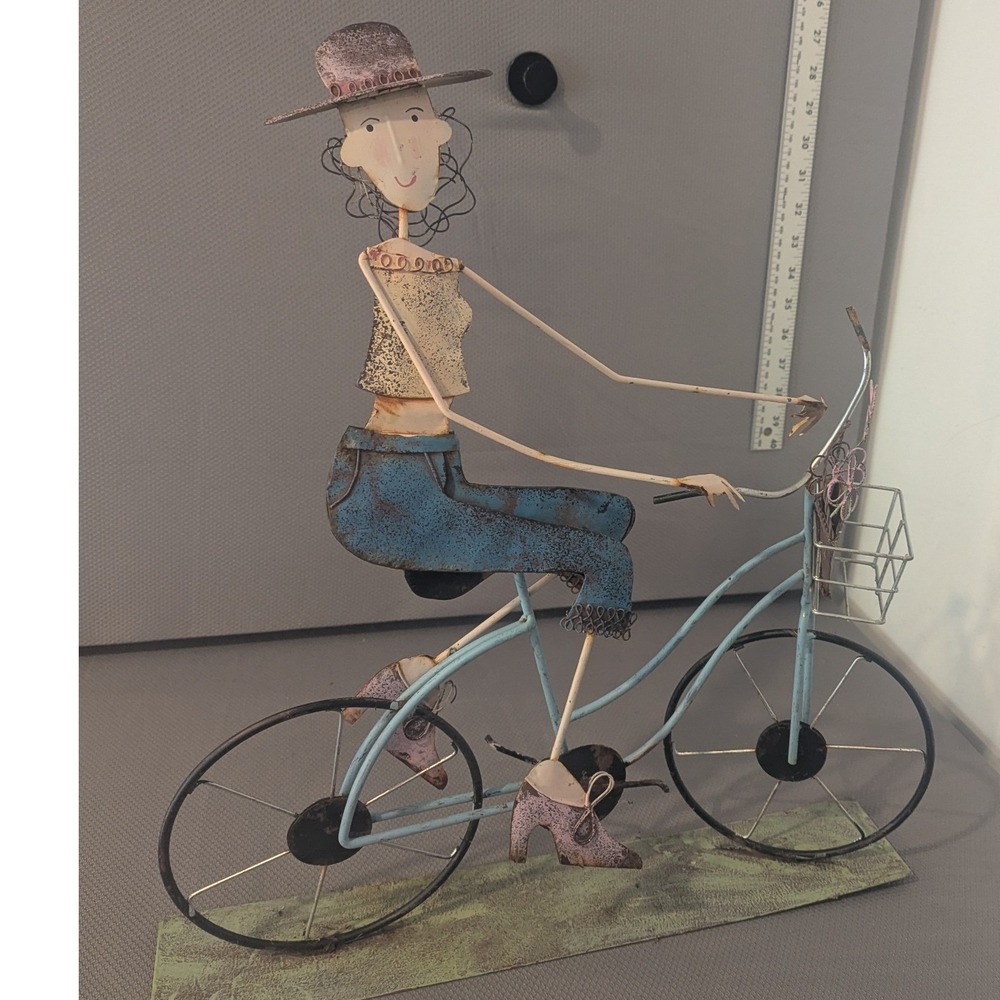 Vintage Hand Sculpted Metal Art Woman on Bicycle Sculpture Whimsical Folk Art